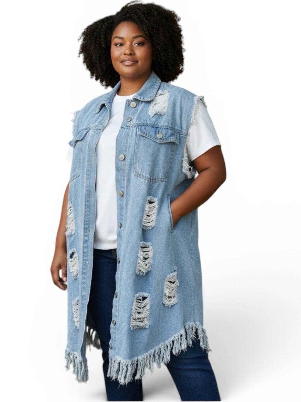 Thrill Jeans denim vest Duster Sleeveless raw hem distressed Size 2X